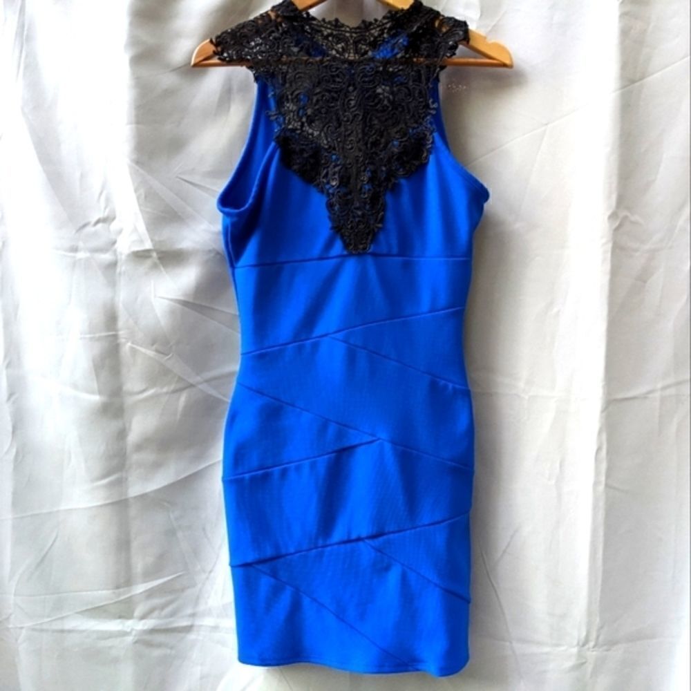 Deb bodycon dress size large blue with black lace